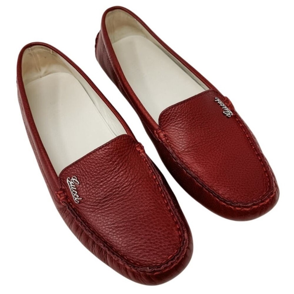 Gucci vintage drivers dark cherry leather logo loafers driving moccasins size 38